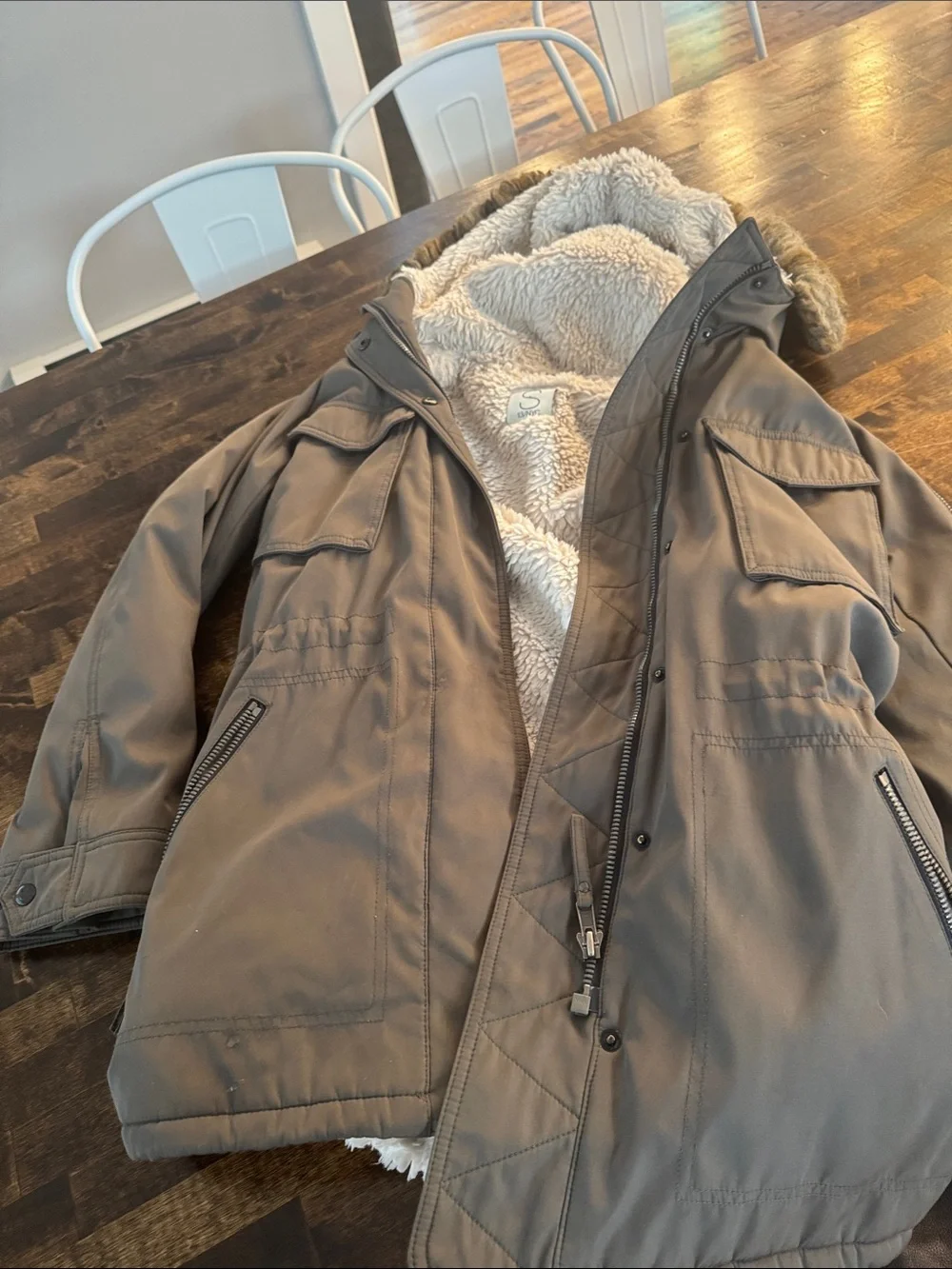 S-13 Women’s Olive Green Parka Coat with Faux Fur Trim